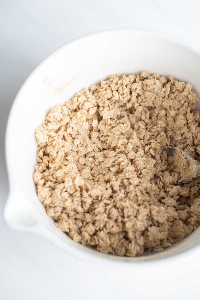 A crumbly mixture of oats and flour in a mixing bowl.