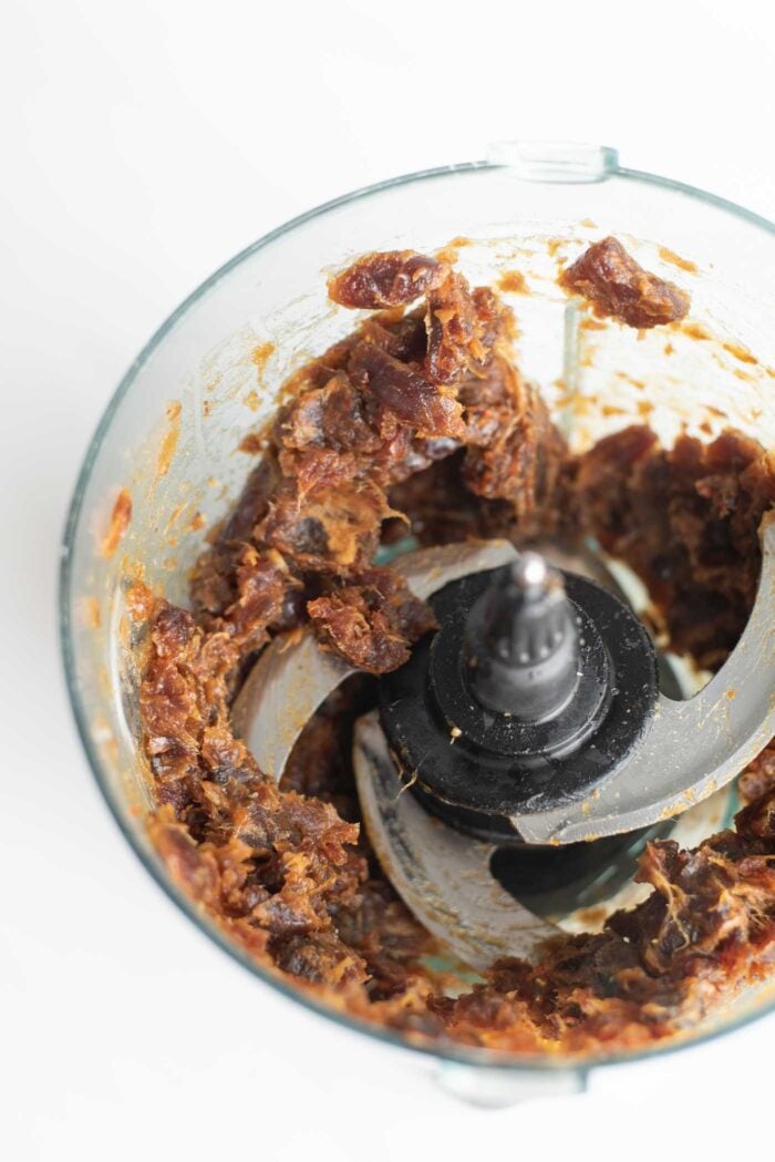 Blended dates in a food processor. 
