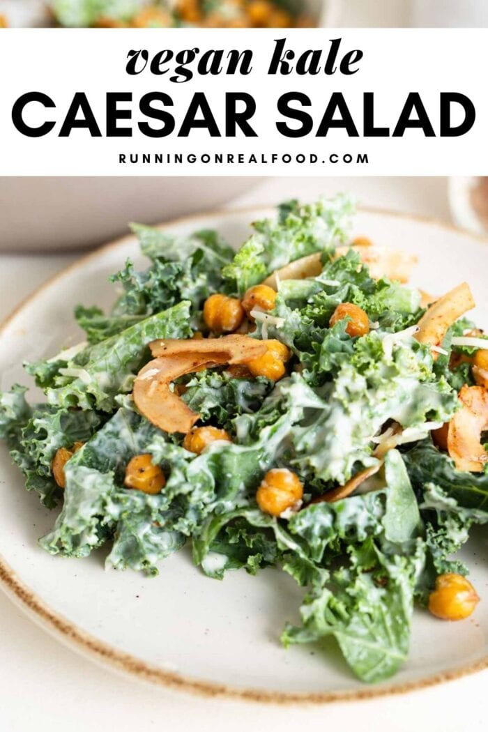 Pinterest graphic with an image and text for a kale caesar salad recipe.