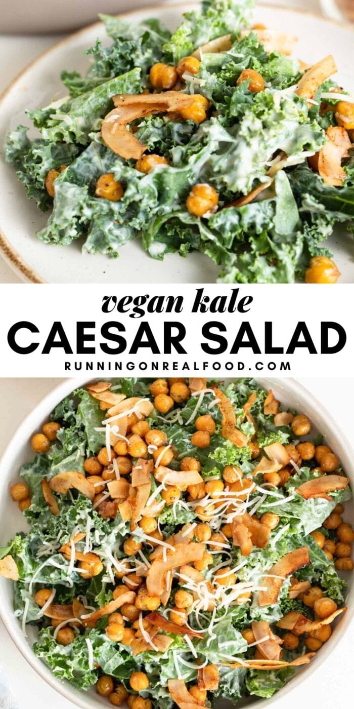 Pinterest graphic with an image and text for a kale caesar salad recipe.