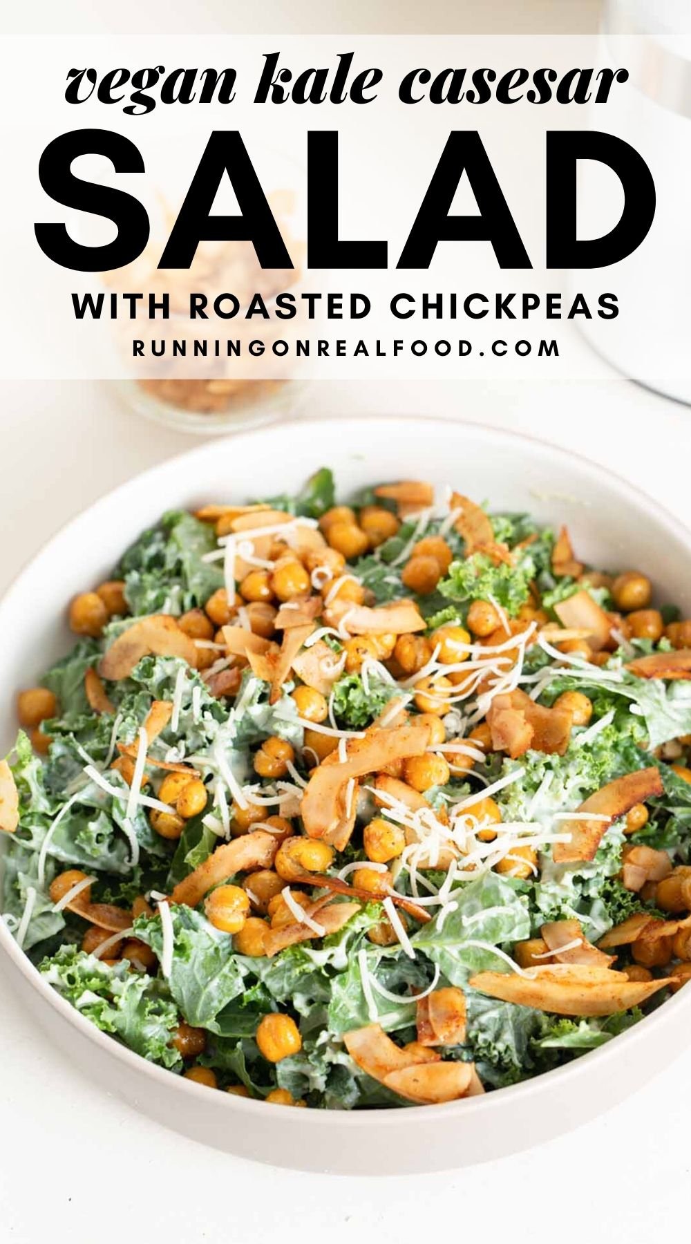 Pinterest graphic with an image and text for a kale caesar salad recipe.