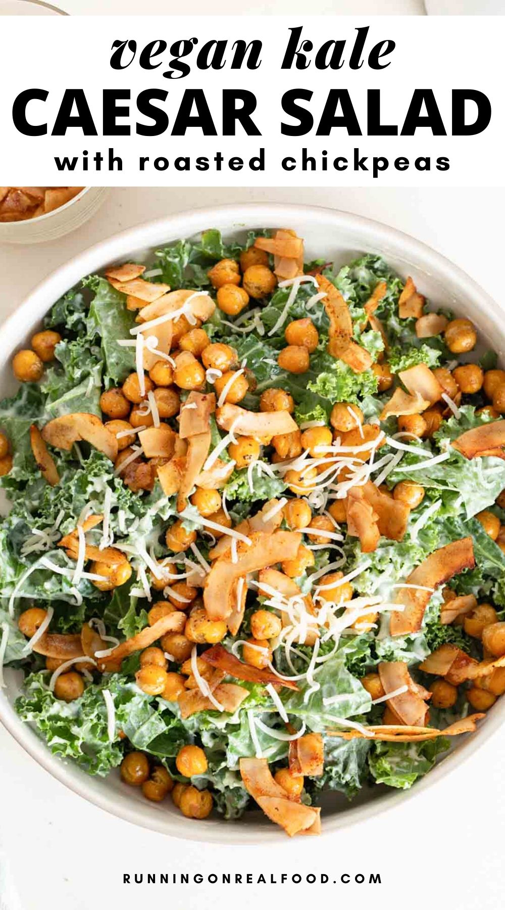 Pinterest graphic with an image and text for a kale caesar salad recipe.