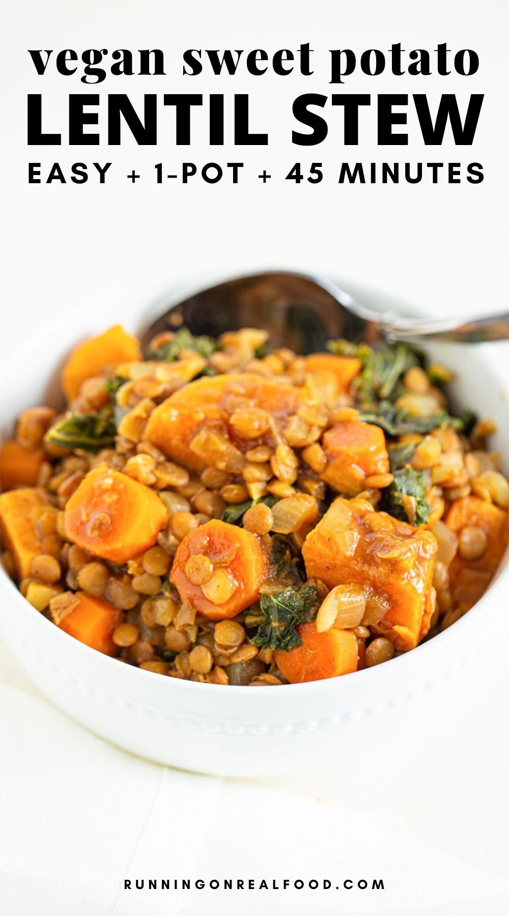 Pinterest graphic with an image and text for vegan sweet potato lentil stew.