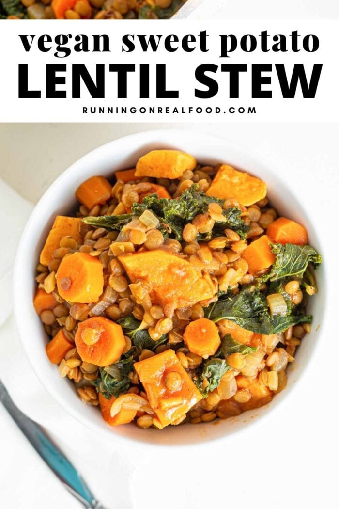 Pinterest graphic with an image and text for vegan sweet potato lentil stew.
