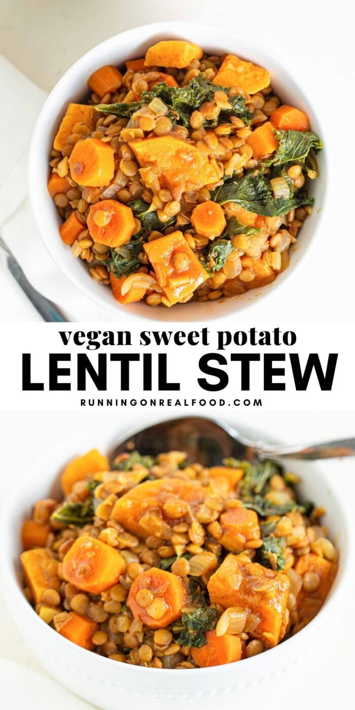 Pinterest graphic with an image and text for vegan sweet potato lentil stew.