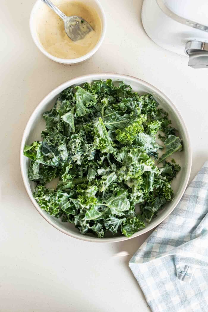 Kale with dressing on it in a bowl.