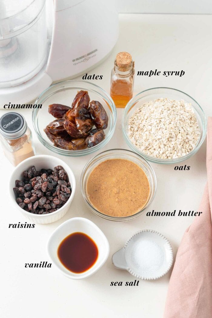 All of the ingredients needed for making oatmeal raisin cookie dough balls. Each ingredient is labelled with text.