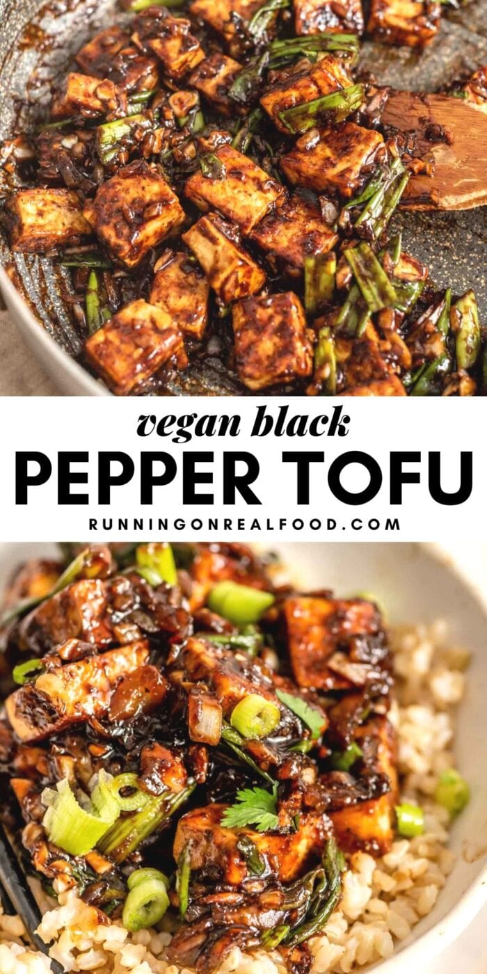Pinterest graphic with an image and text for vegan black pepper tofu.