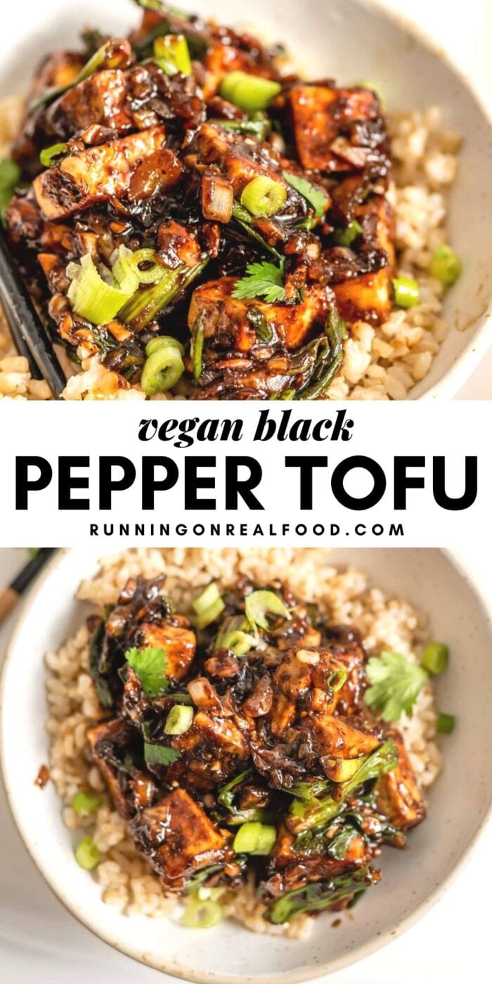 Pinterest graphic with an image and text for vegan black pepper tofu.