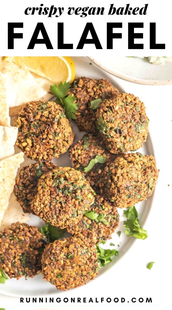 Pinterest graphic with an image and text for baked falafel.