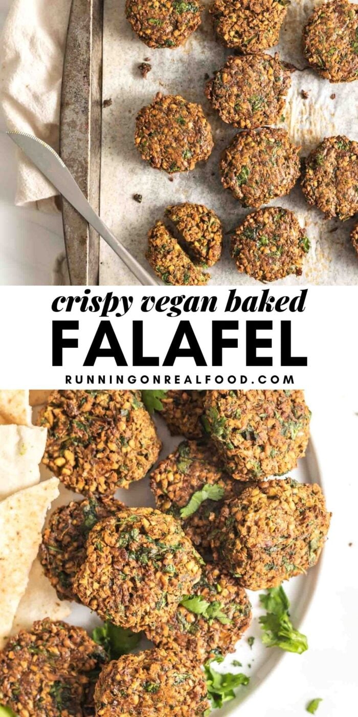 Pinterest graphic with an image and text for baked falafel.