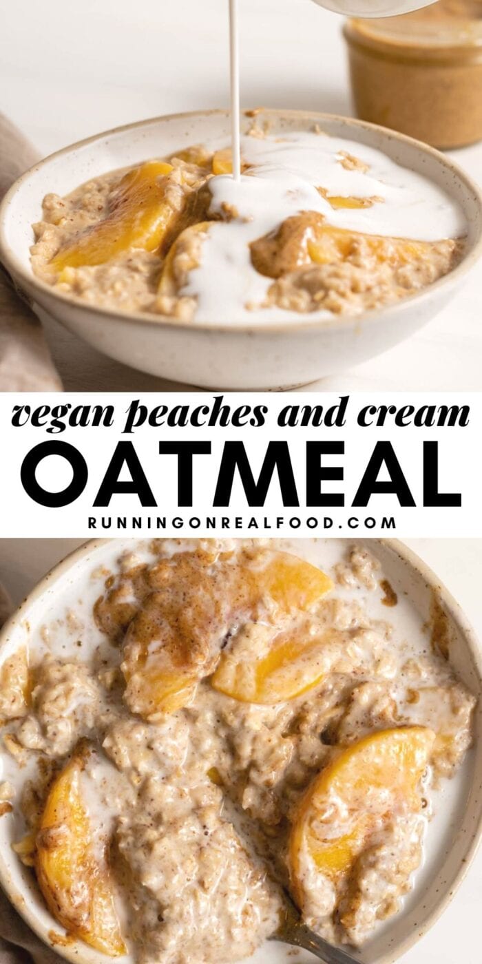 Pinterest graphic with an image and text for peach oatmeal.