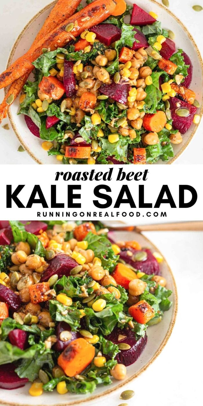 Pinterest graphic with an image and text for roasted beet kale salad.