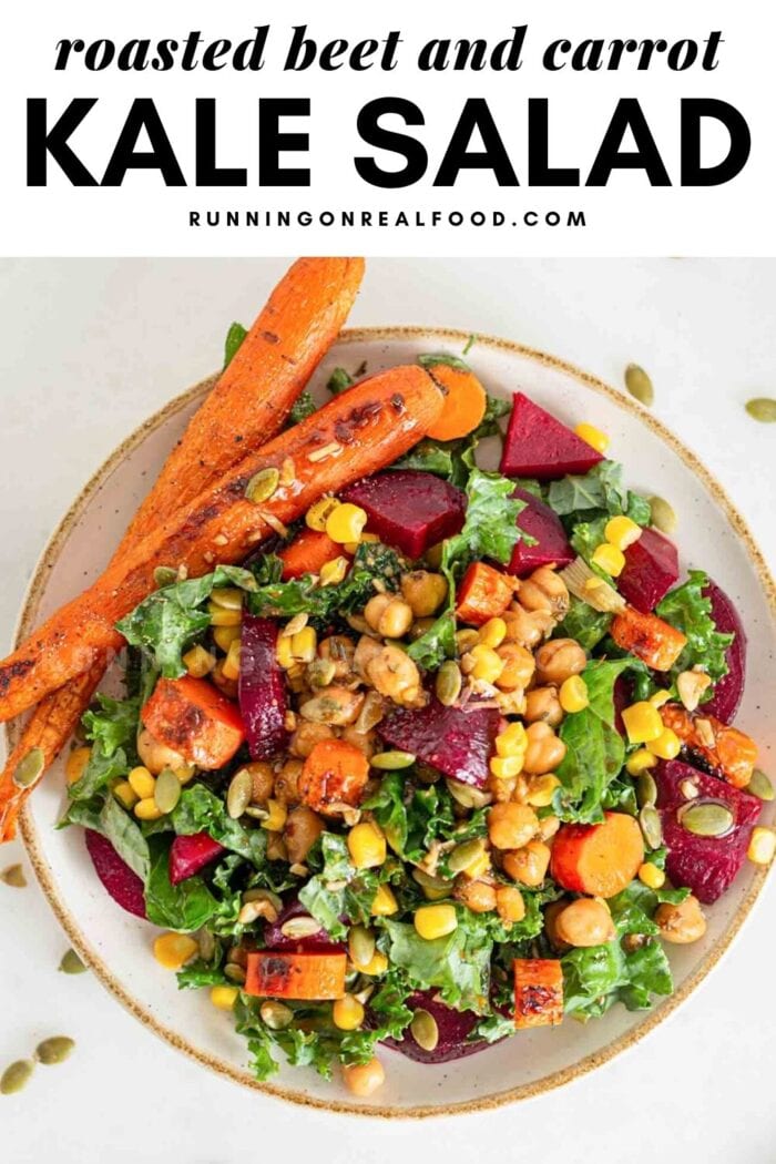 Pinterest graphic with an image and text for roasted beet kale salad.