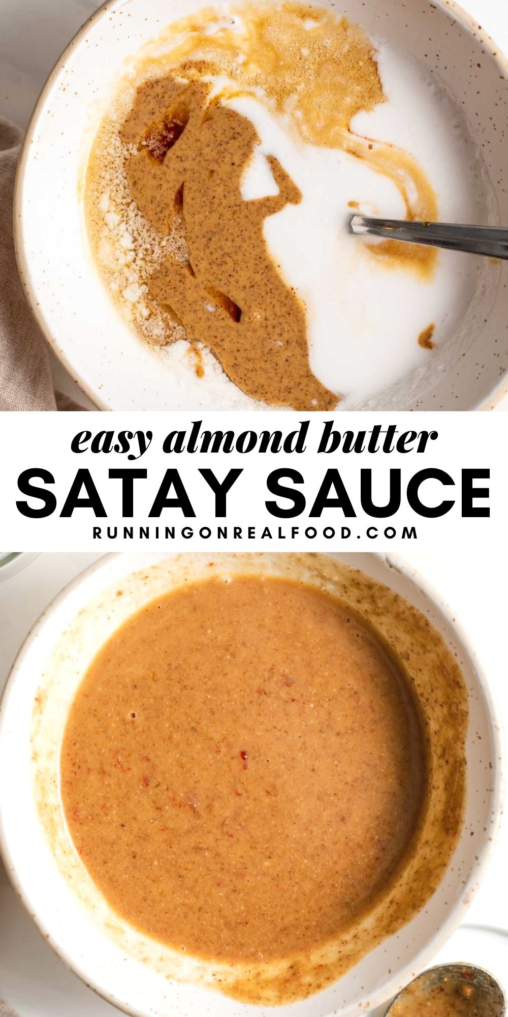 Pinterest graphic with an image and text for almond satay sauce.