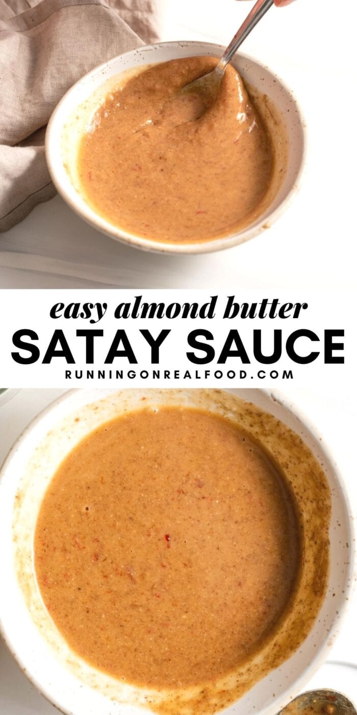 Pinterest graphic with an image and text for almond satay sauce.