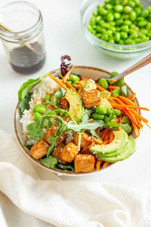 Sriracha Baked Tofu Rice Bowls - Running on Real Food