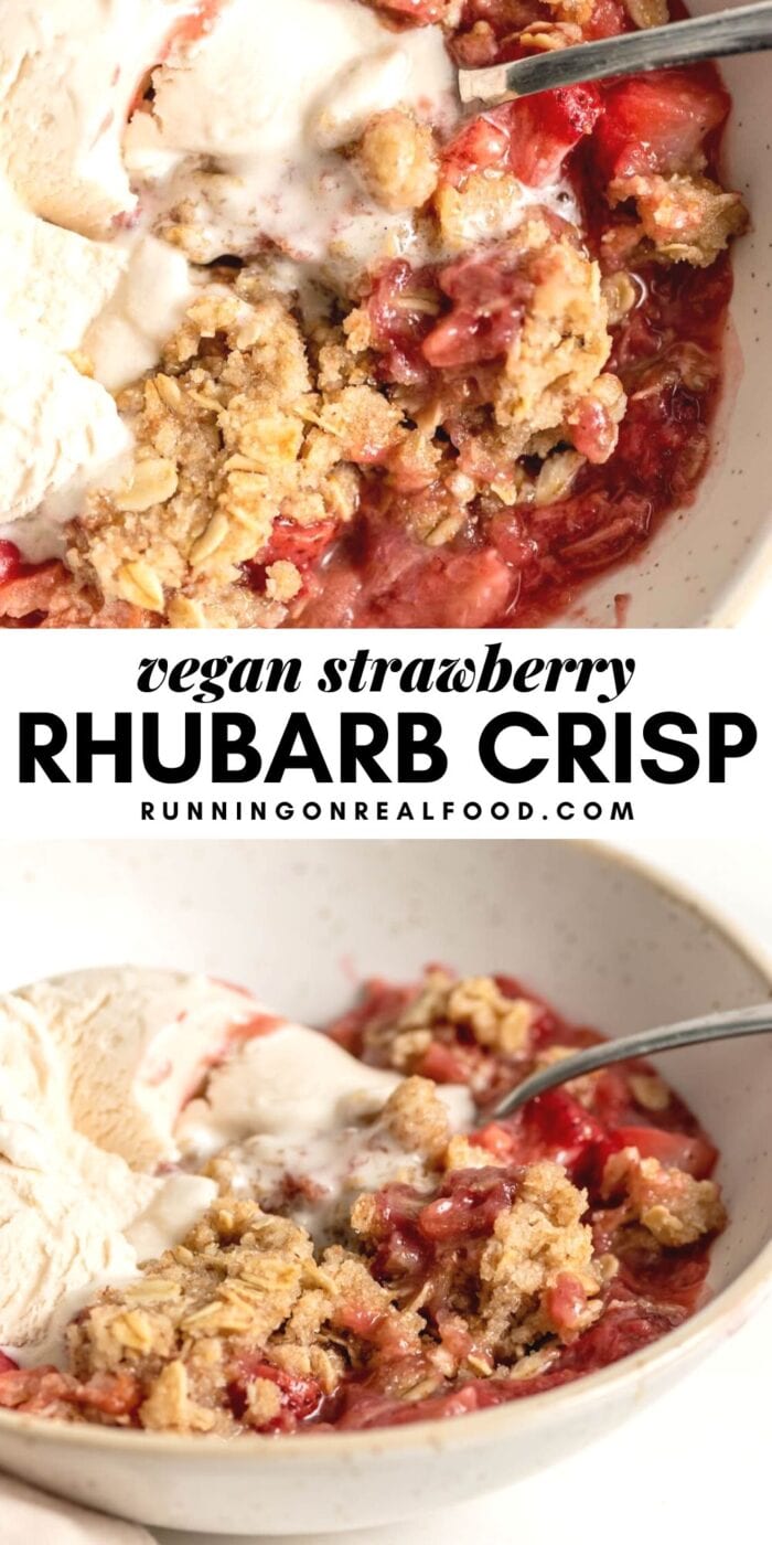 Pinterest graphic with an image and text for strawberry rhubarb crisp.