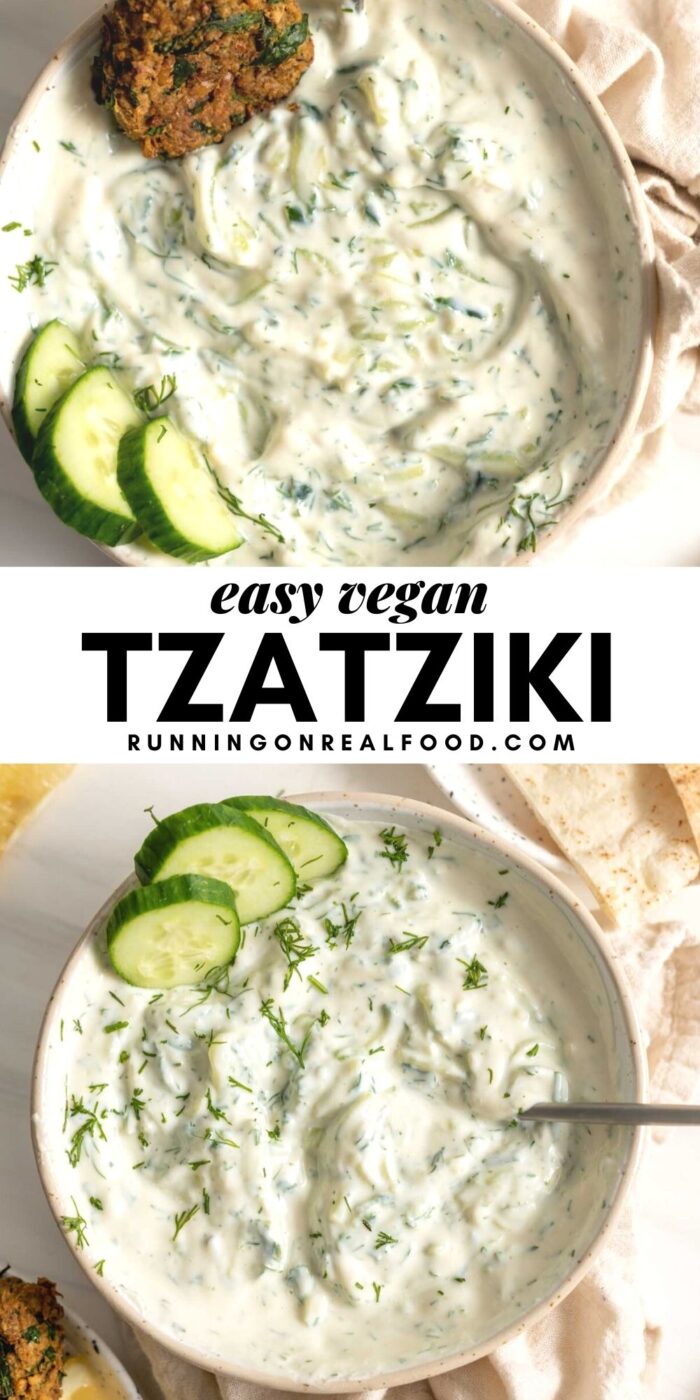 Pinterest graphic with an image and text for tzatziki.