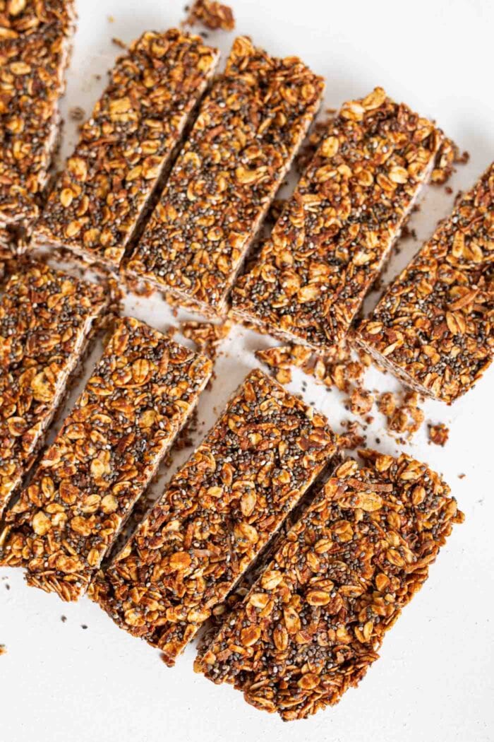Chocolate oat bars cut into 8 pieces.