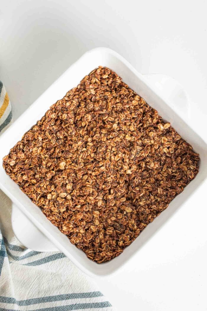 A baking dish of chocolate oat bars.