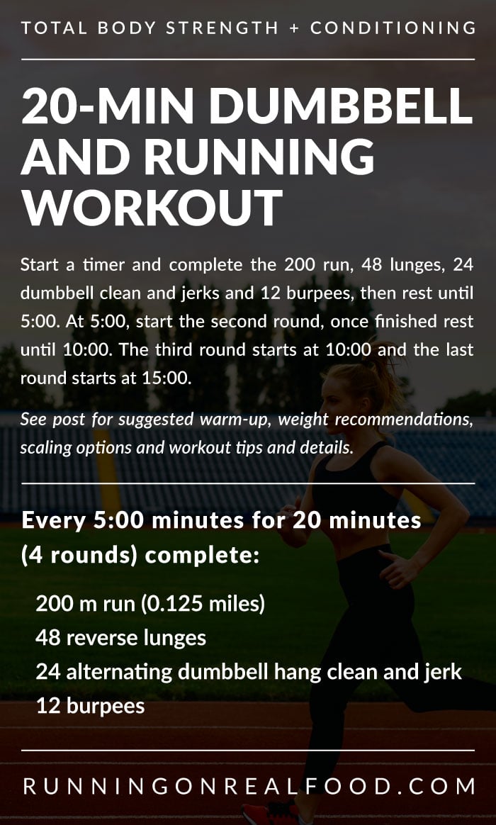 Workout details for a 20-minute running and dumbbell workout.