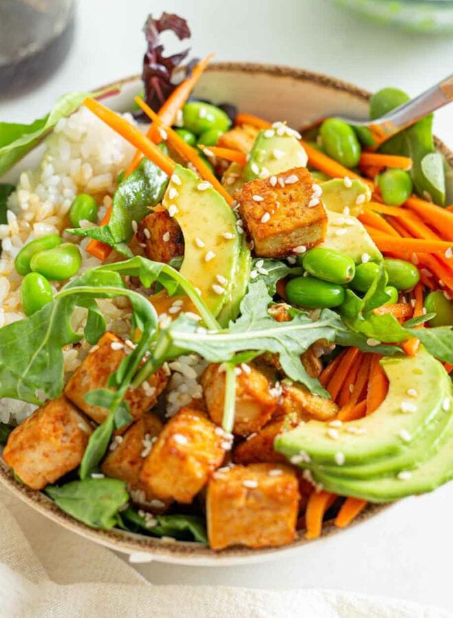 Sriracha Baked Tofu Rice Bowls - Running on Real Food