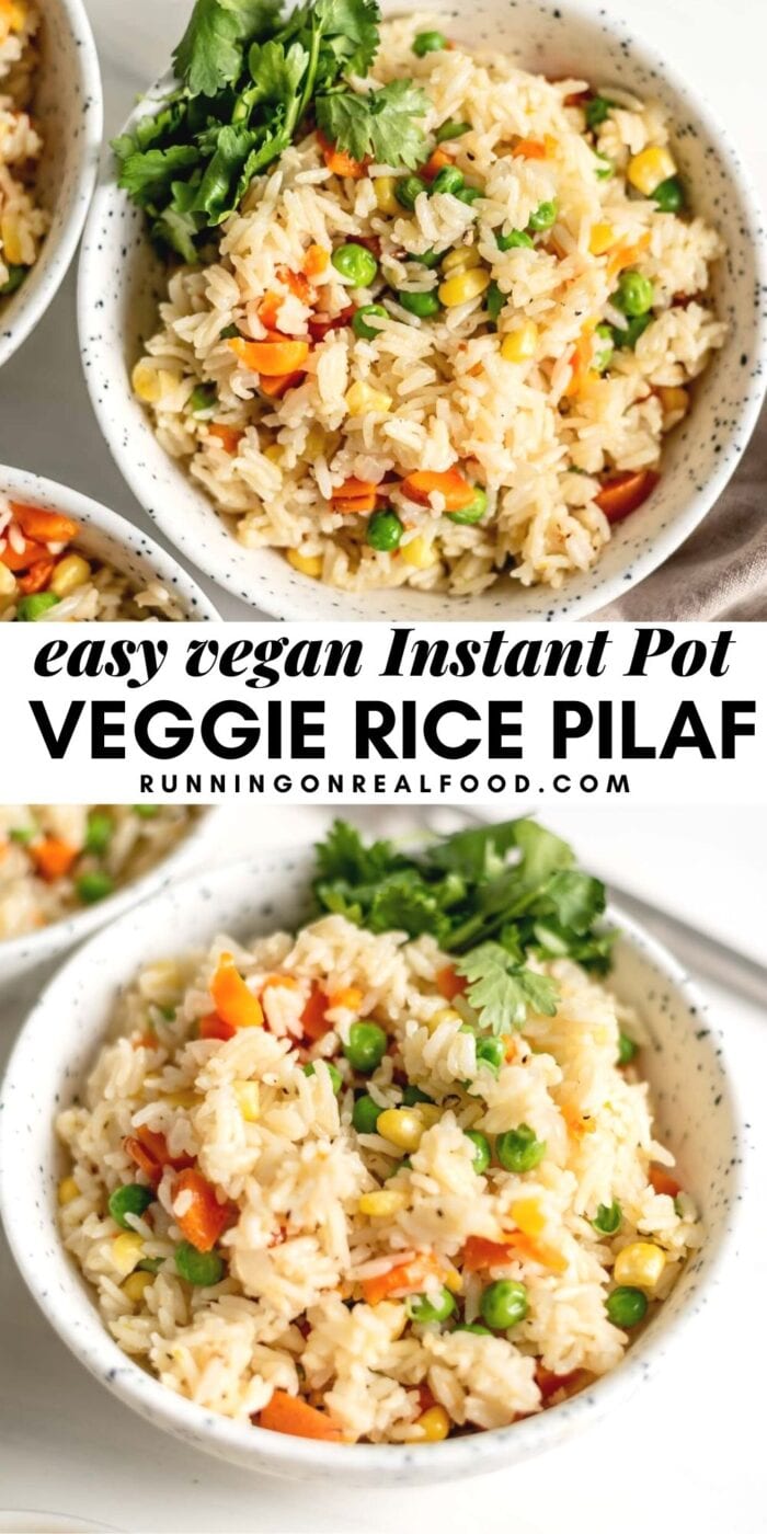 Pinterest graphic with an image and text for an Instant Pot Rice Pilaf.