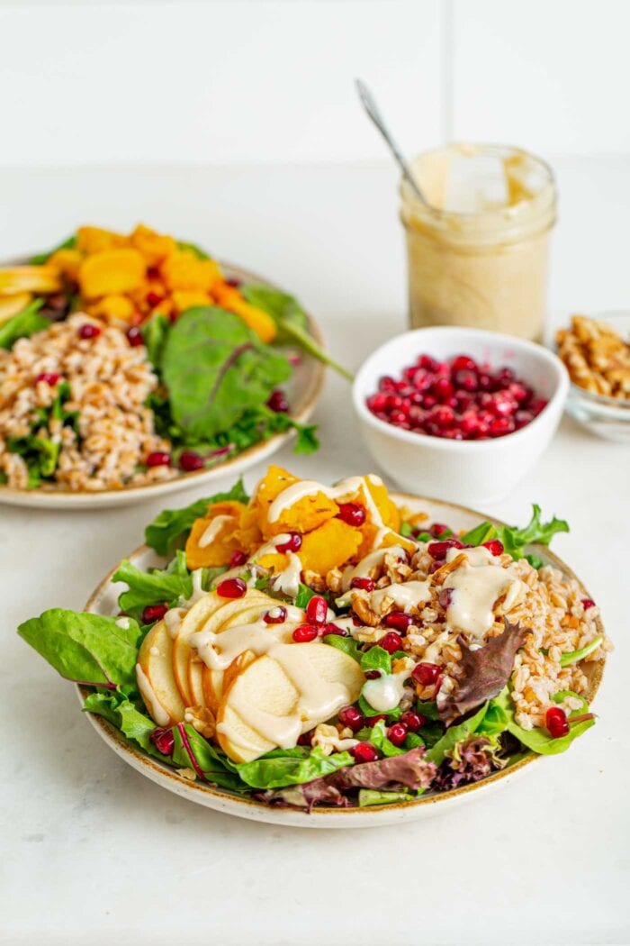 Two bowls of salad with apple, pomegranate, tahini sauce and walnuts.