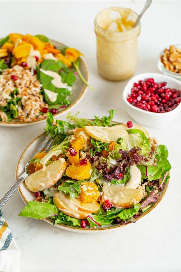 Two bowls of green salad with apple, walnuts, tahini sauce, squash and farro.
