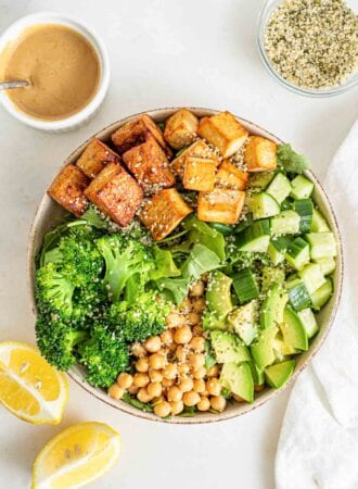 Overhead image of bowl of salad with broccoli, cucumber, chickpeas, tofu and tempeh.
