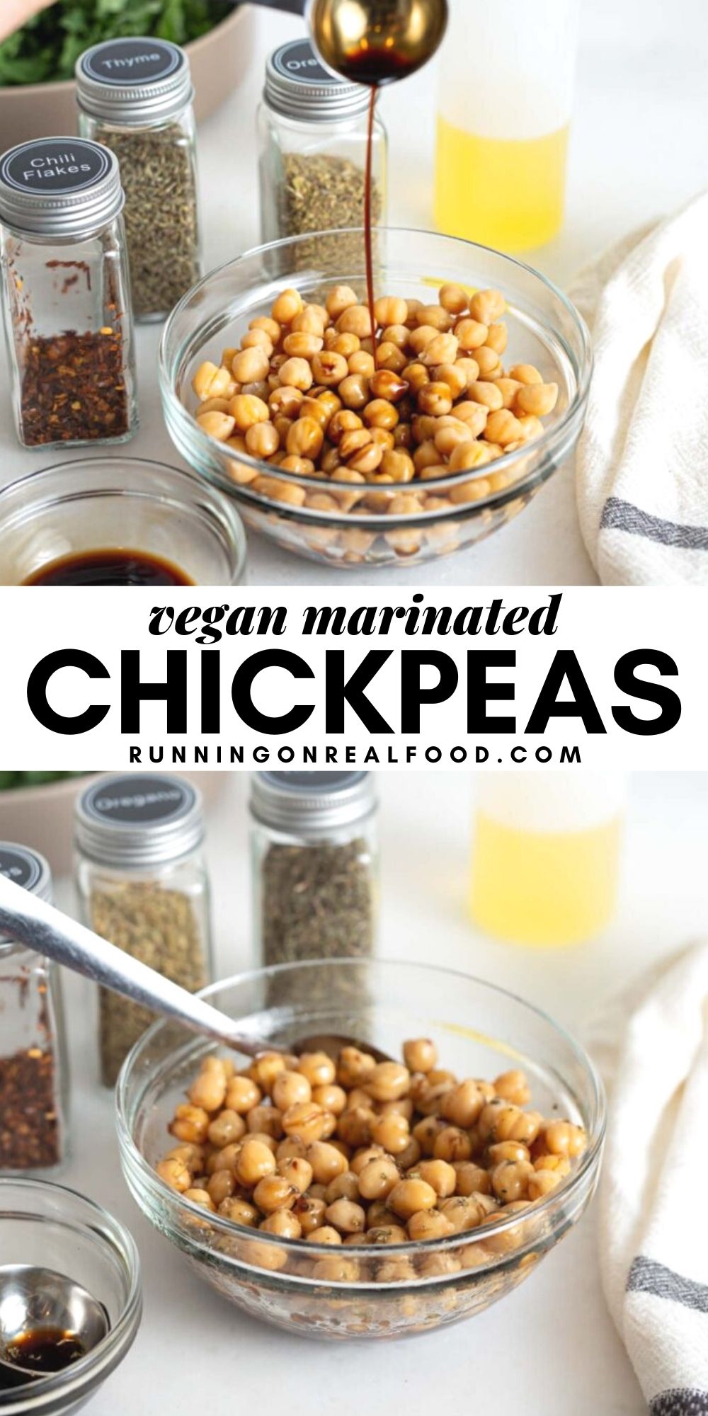 Pinterest graphic with an image and text for marinated chickpeas.