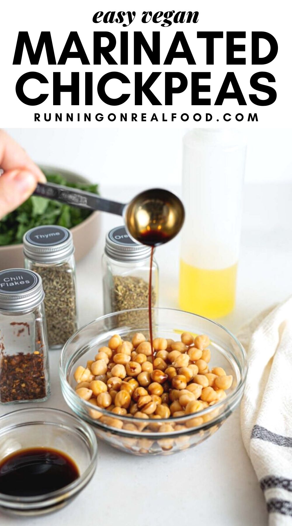 Pinterest graphic with an image and text for marinated chickpeas.