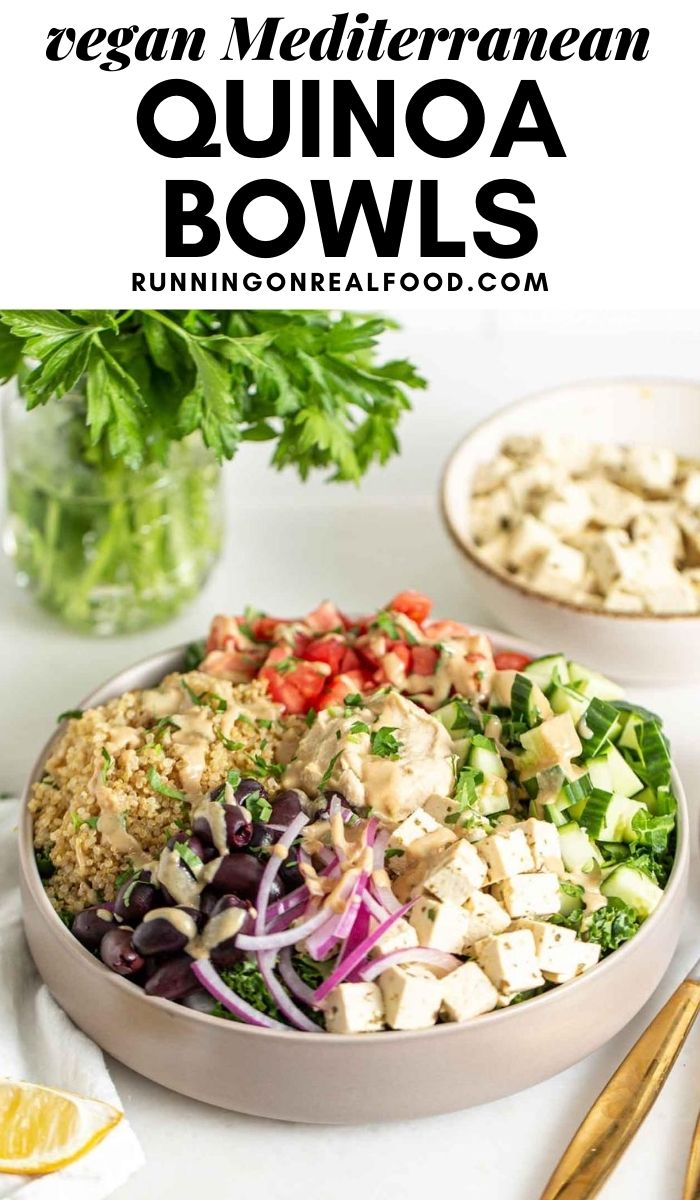 Pinterest graphic with an image and text for Mediterranean quinoa bowls.
