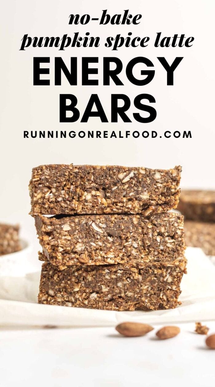 Pinterest graphic with an image and text for pumpkin spice latte energy bars.