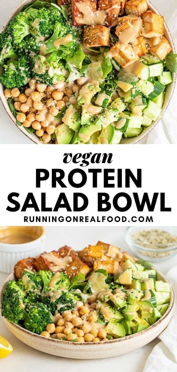 Pinterest graphic with an image and text for vegan protein salad.