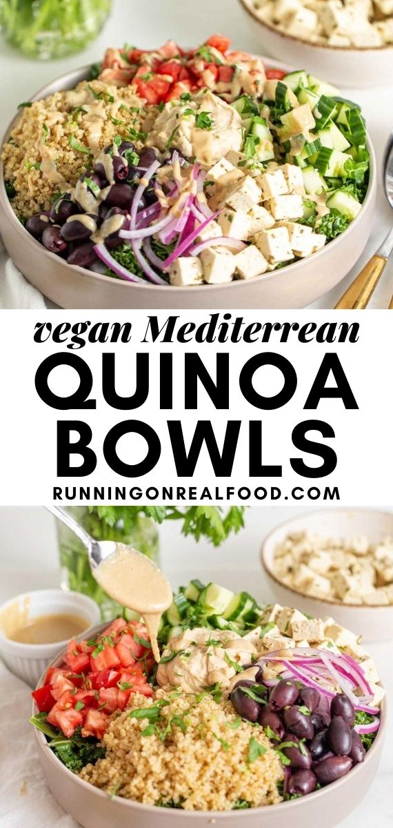 Pinterest graphic with an image and text for Mediterranean quinoa bowls.