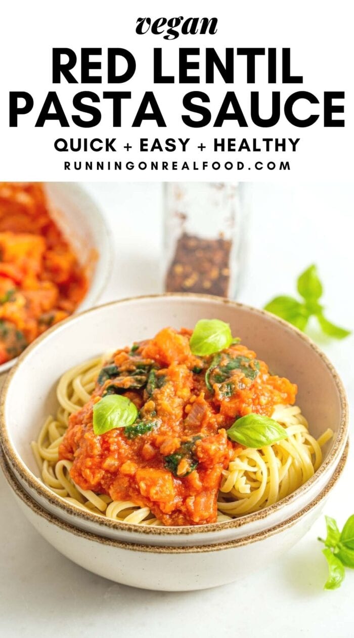 Pinterest graphic with an image and text for red lentil pasta sauce.