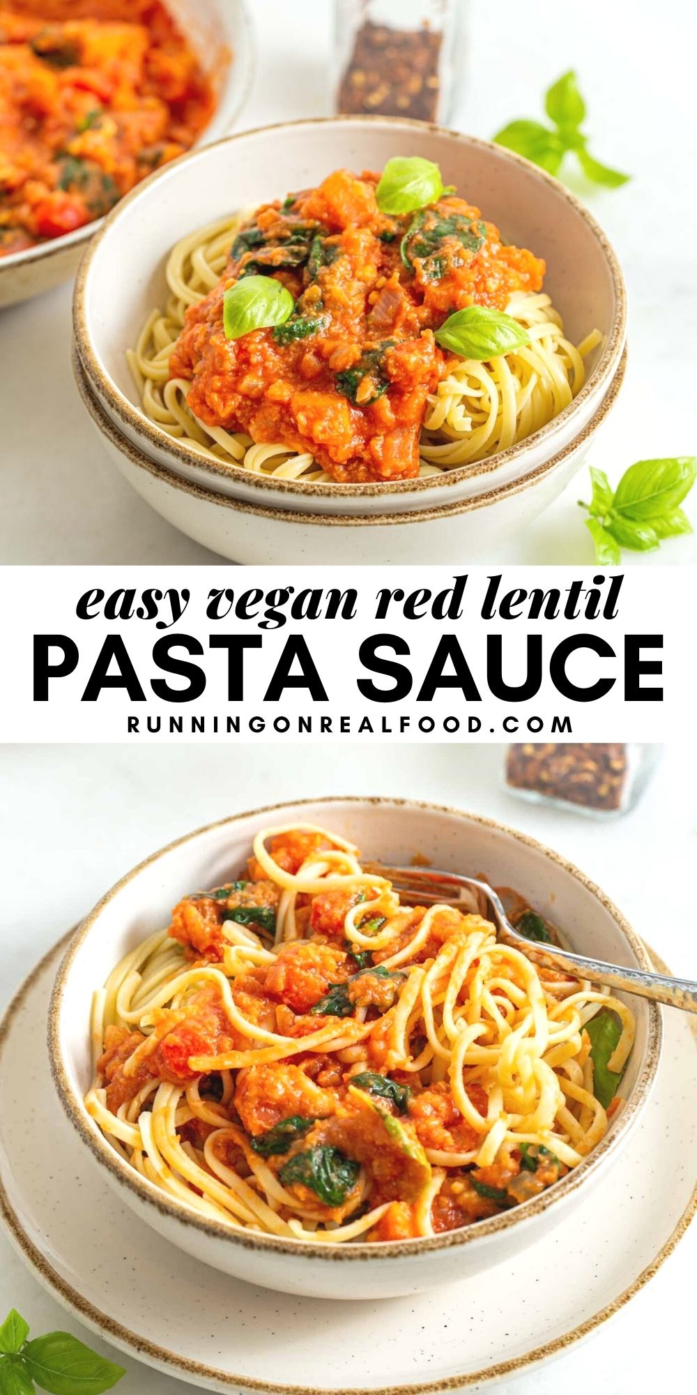 Pinterest graphic with an image and text for red lentil pasta sauce.