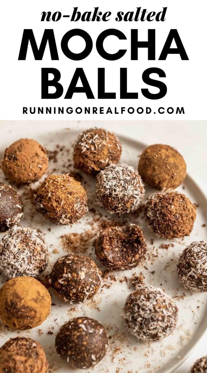 Pinterest graphic with an image and text for no-bake mocha balls.