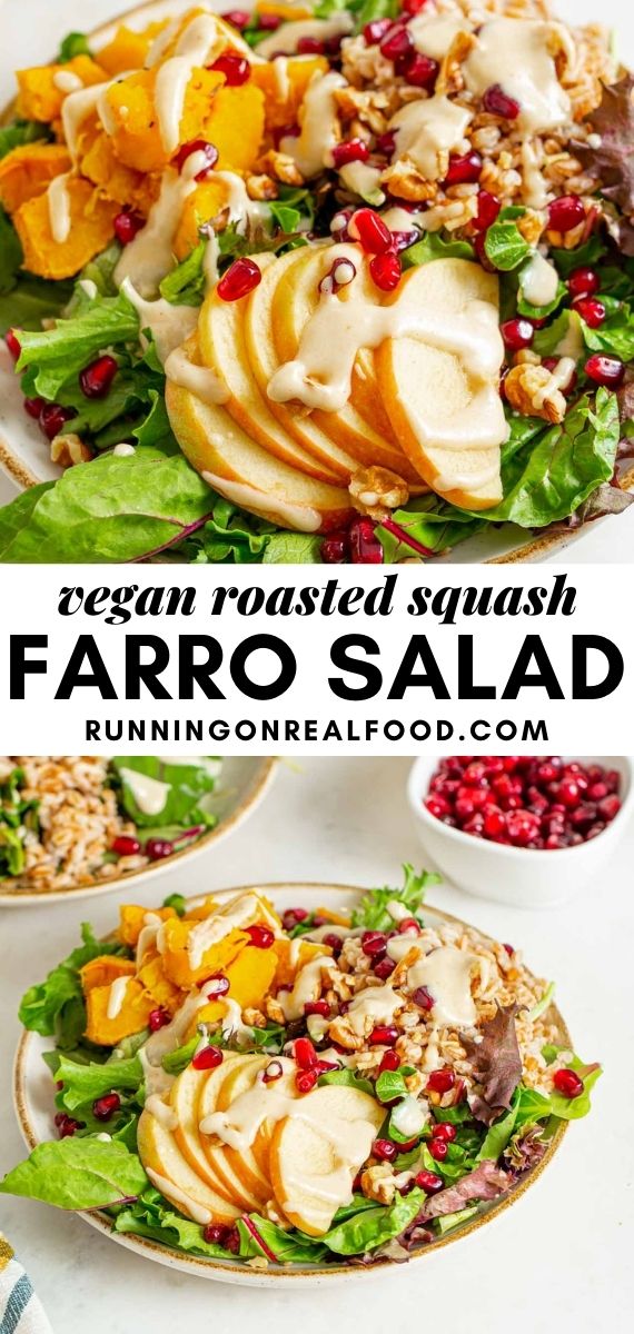 Pinterest graphic with an image and text for roasted squash farro salad.