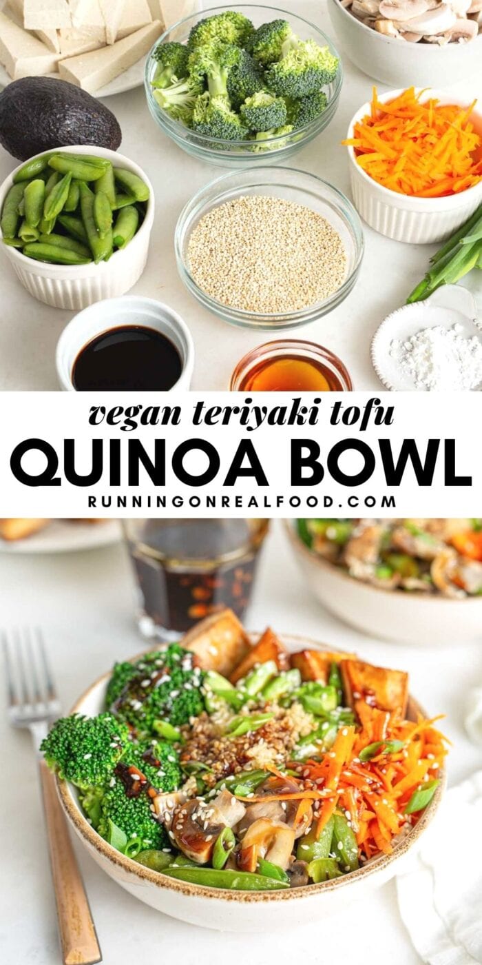 Pinterest graphic with an image and text for teriyaki tofu quinoa bowl.