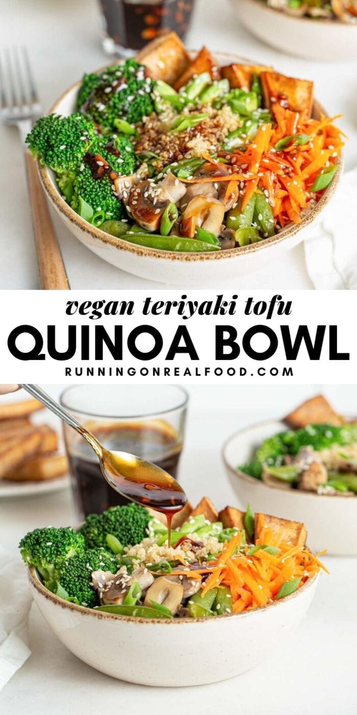 Pinterest graphic with an image and text for teriyaki tofu quinoa bowl.
