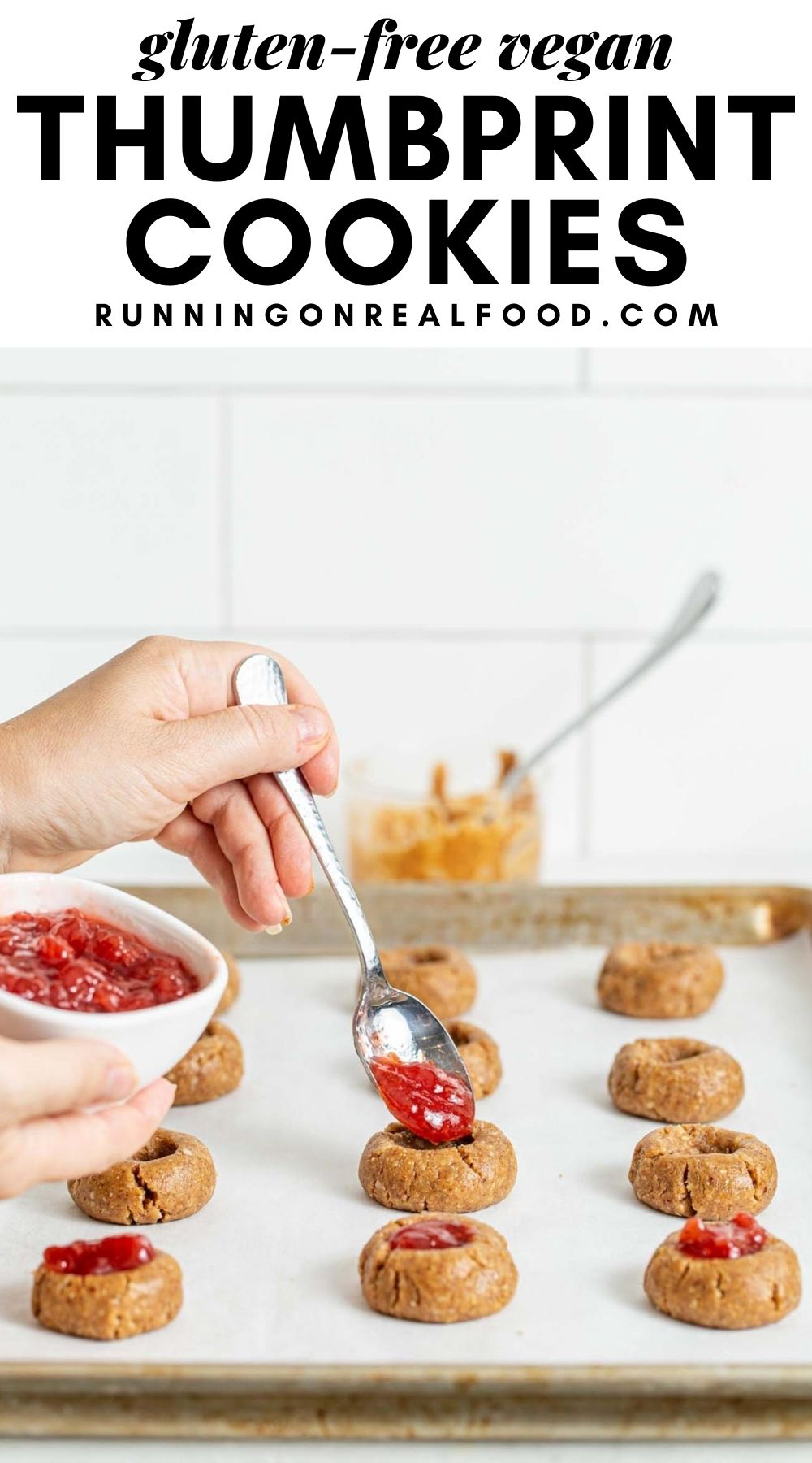 Pinterest graphic with an image and text for vegan thumbprint cookies.