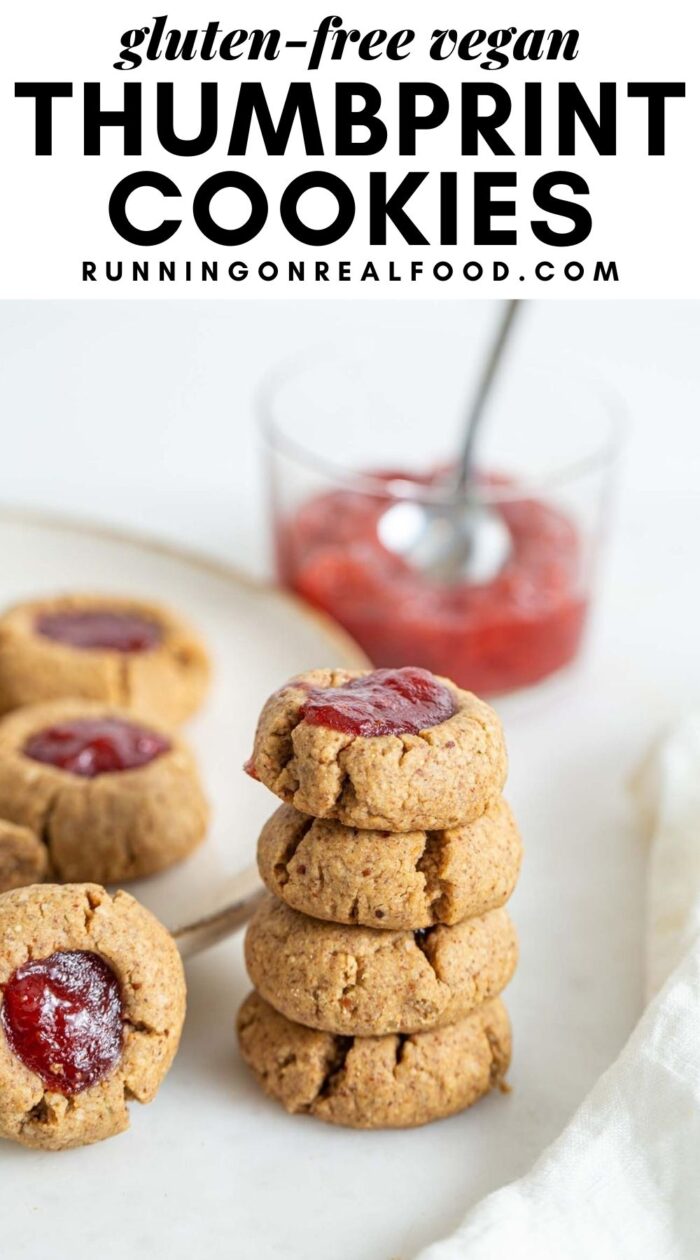 Pinterest graphic with an image and text for vegan thumbprint cookies.