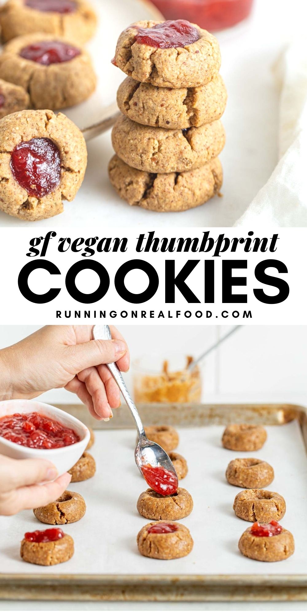 Pinterest graphic with an image and text for vegan thumbprint cookies.