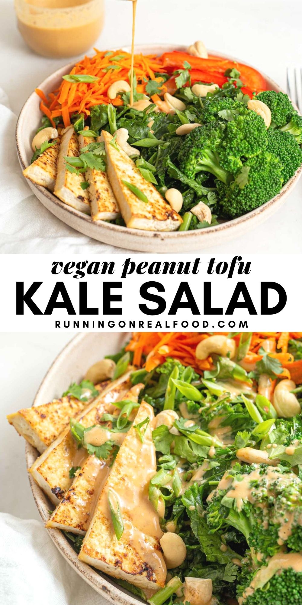 Pinterest graphic with an image and text for tofu kale salad.