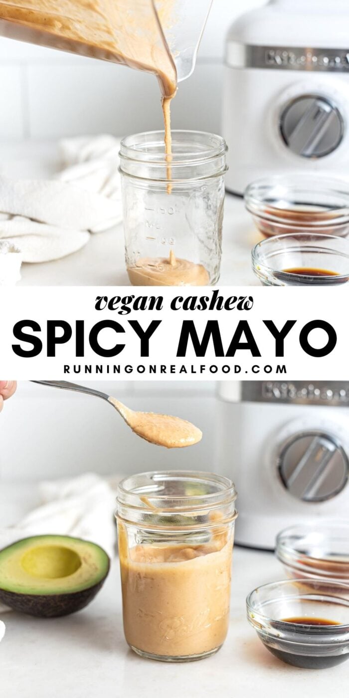 Pinterest graphic with an image and text for vegan spicy mayo.