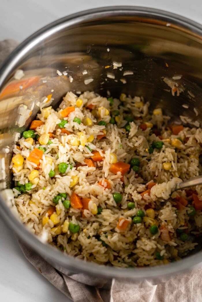 Close up of a vegetable rice pilaf in an Instant Pot.