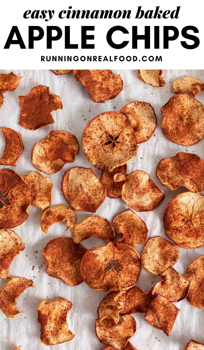Pinterest graphic with an image and text for cinnamon baked apple chips.
